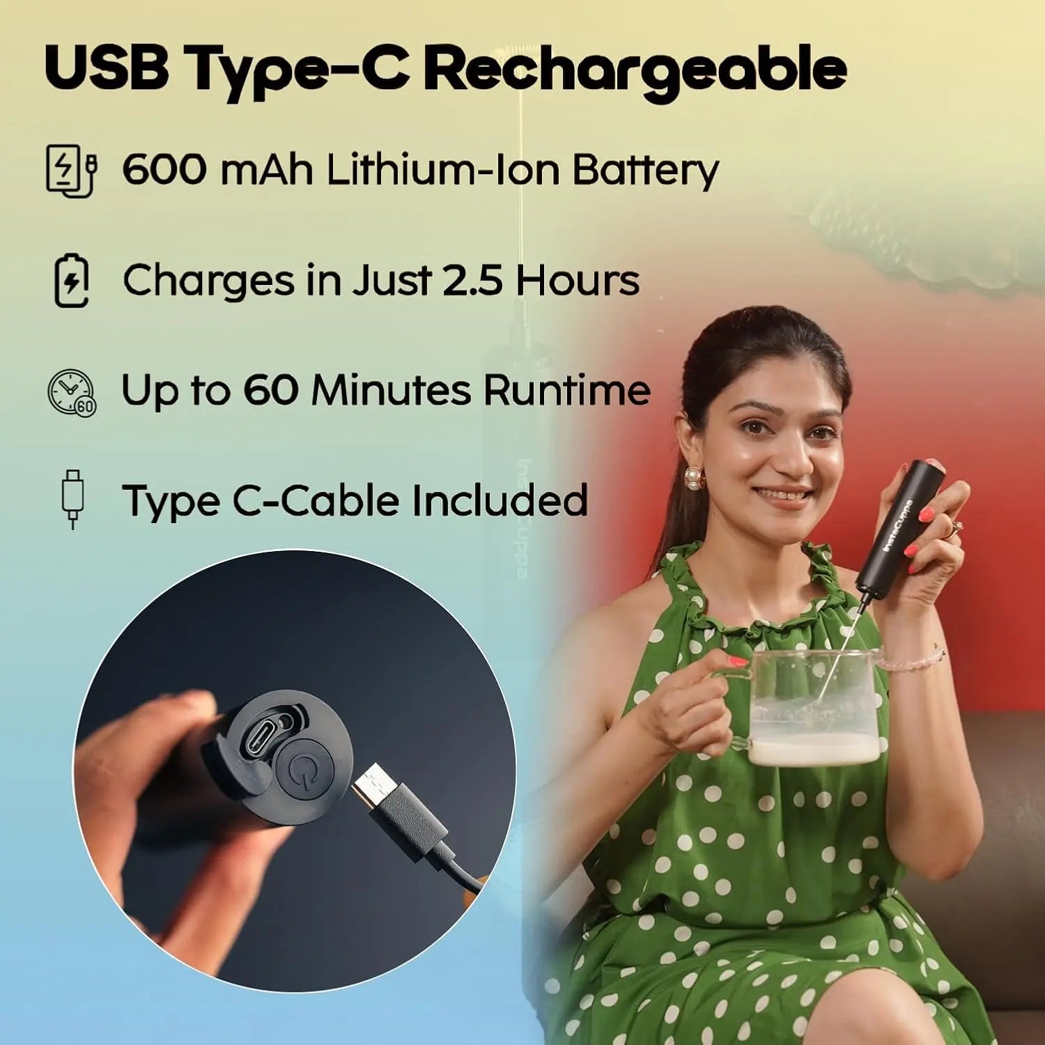 InstaCuppa Rechargeable Travel Milk Frother with 3 Speed Settings, 4 Stainless Steel Whisks (Classic Froth, Thick Foam, Egg Beater, Protein Mixer) Coffee Beater for Lattes & Cappuccino 