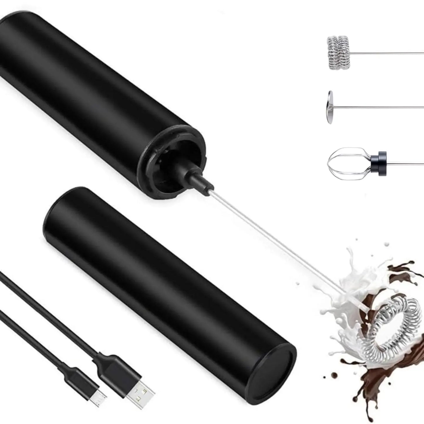InstaCuppa rechargeable coffee frother travel edition with USB-C cable and 3 whisk heads
