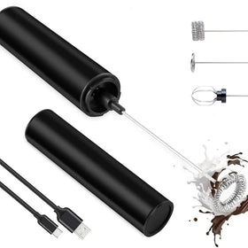 InstaCuppa rechargeable coffee frother travel edition with USB-C cable and 3 whisk heads