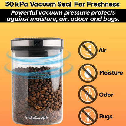 InstaCuppa Rechargeable Vacuum Canister 500g | Airtight Storage with 30kPa Vacuum Seal | USB-C Powered | 300+ Uses per Charge | LED Touch | Borosilicate Glass Jar for Coffee, Cereal & Chocolate Powder 