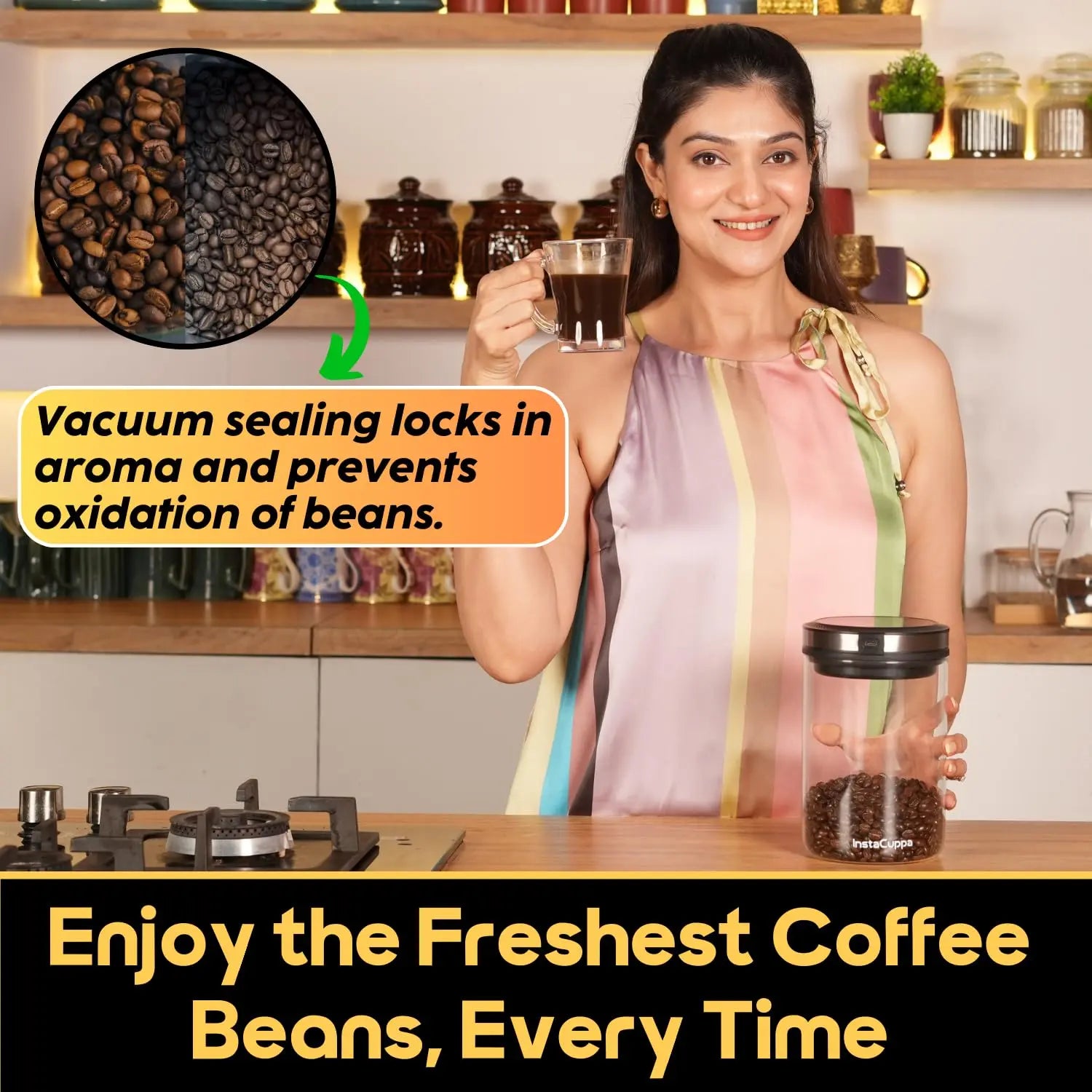 InstaCuppa Rechargeable Vacuum Canister 500g | Airtight Storage with 30kPa Vacuum Seal | USB-C Powered | 300+ Uses per Charge | LED Touch | Borosilicate Glass Jar for Coffee, Cereal & Chocolate Powder 