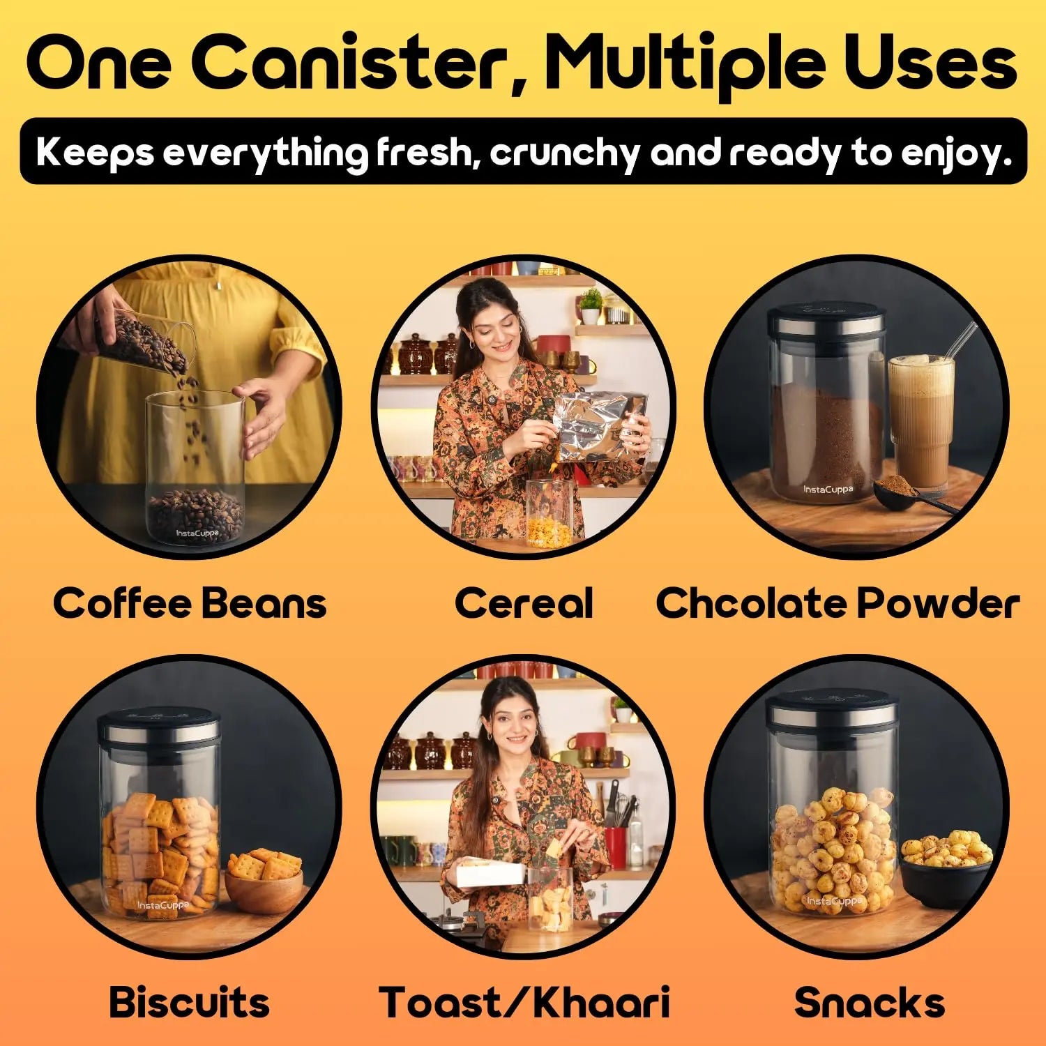 InstaCuppa Rechargeable Vacuum Canister 500g | Airtight Storage with 30kPa Vacuum Seal | USB-C Powered | 300+ Uses per Charge | LED Touch | Borosilicate Glass Jar for Coffee, Cereal & Chocolate Powder 
