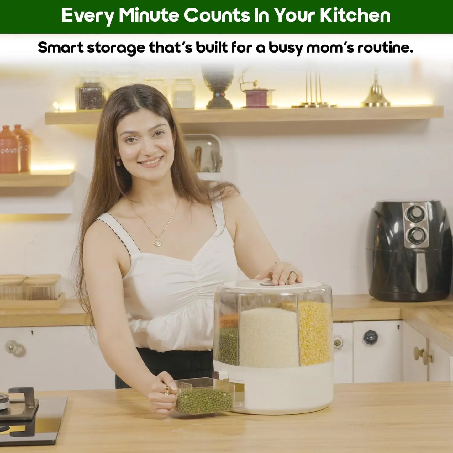 InstaCuppa Rotating Grain Dispenser used by Indian woman in modern kitchen - smart storage solution for organized grain and dal storage