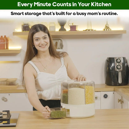 InstaCuppa Rotating Grain Dispenser used by Indian woman in modern kitchen - smart storage solution for organized grain and dal storage