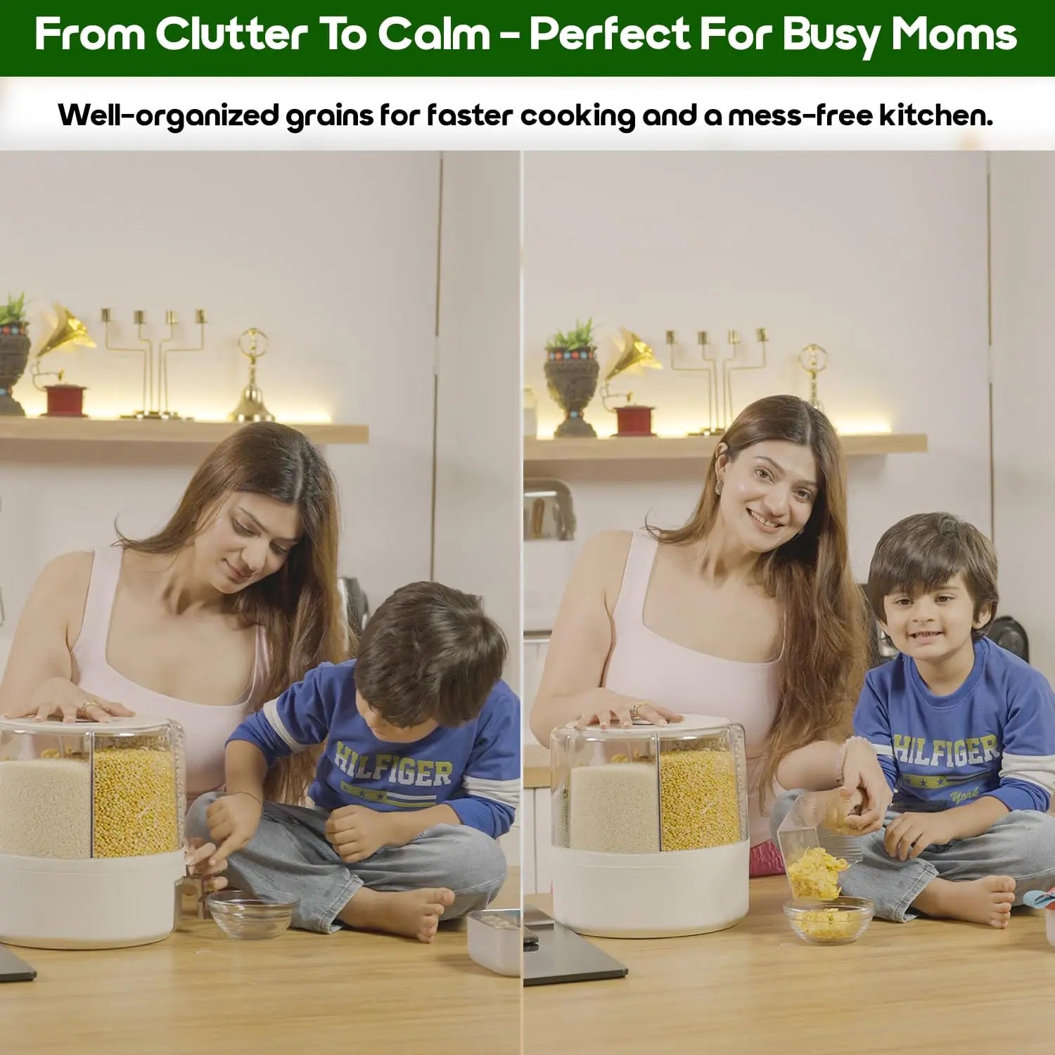 InstaCuppa Rotating Grain Dispenser perfect for busy moms - from clutter to calm - Indian mother and child enjoying organized mess-free grain dispensing for faster cooking in family kitchen