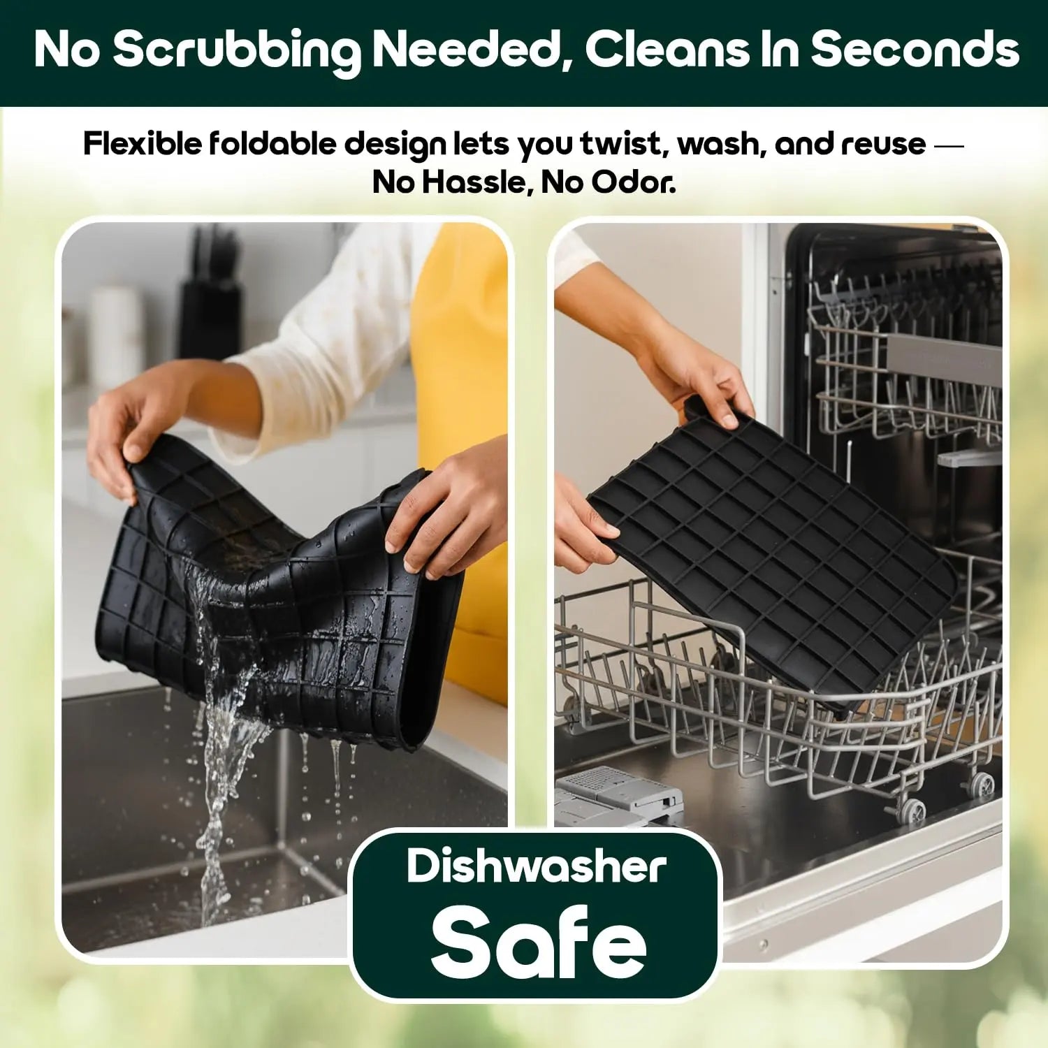 InstaCuppa flexible foldable silicone dish drying mat being rinsed under water and loaded into dishwasher, no scrubbing needed, cleans in seconds, odor-free dishwasher-safe design