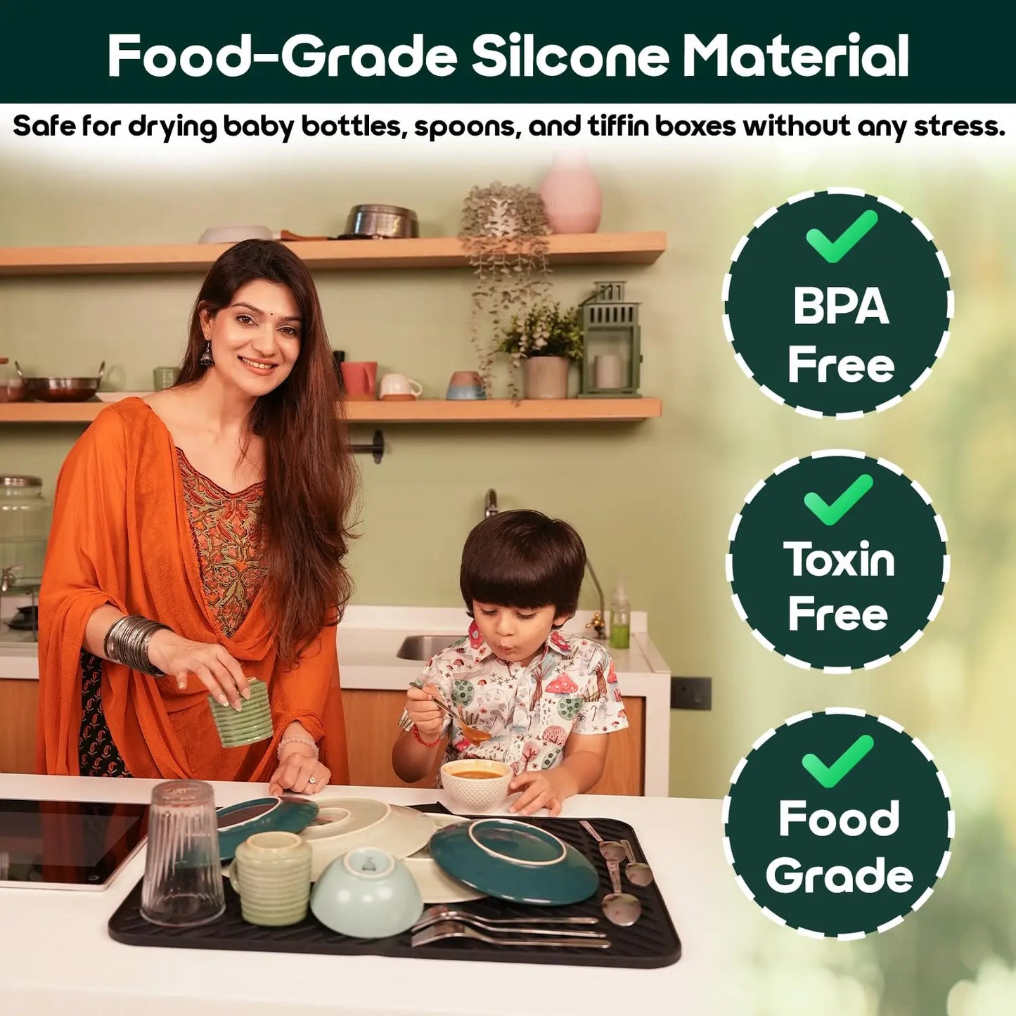 InstaCuppa food-grade silicone dish drying mat BPA-free toxin-free safe for baby bottles, spoons, and tiffin boxes with mother and child using mat for drying dishes in kitchen