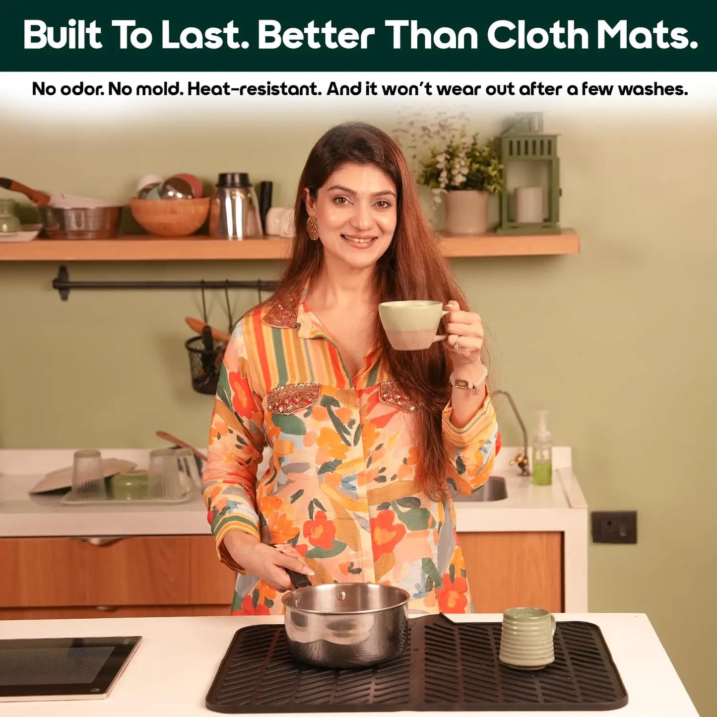 InstaCuppa durable silicone dish drying mat built to last, better than cloth mats, odor-free mold-resistant heat-resistant dishwasher-safe kitchen mat with woman using hot pot as trivet in modern kitchen