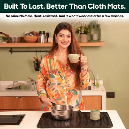 InstaCuppa durable silicone dish drying mat built to last, better than cloth mats, odor-free mold-resistant heat-resistant dishwasher-safe kitchen mat with woman using hot pot as trivet in modern kitchen