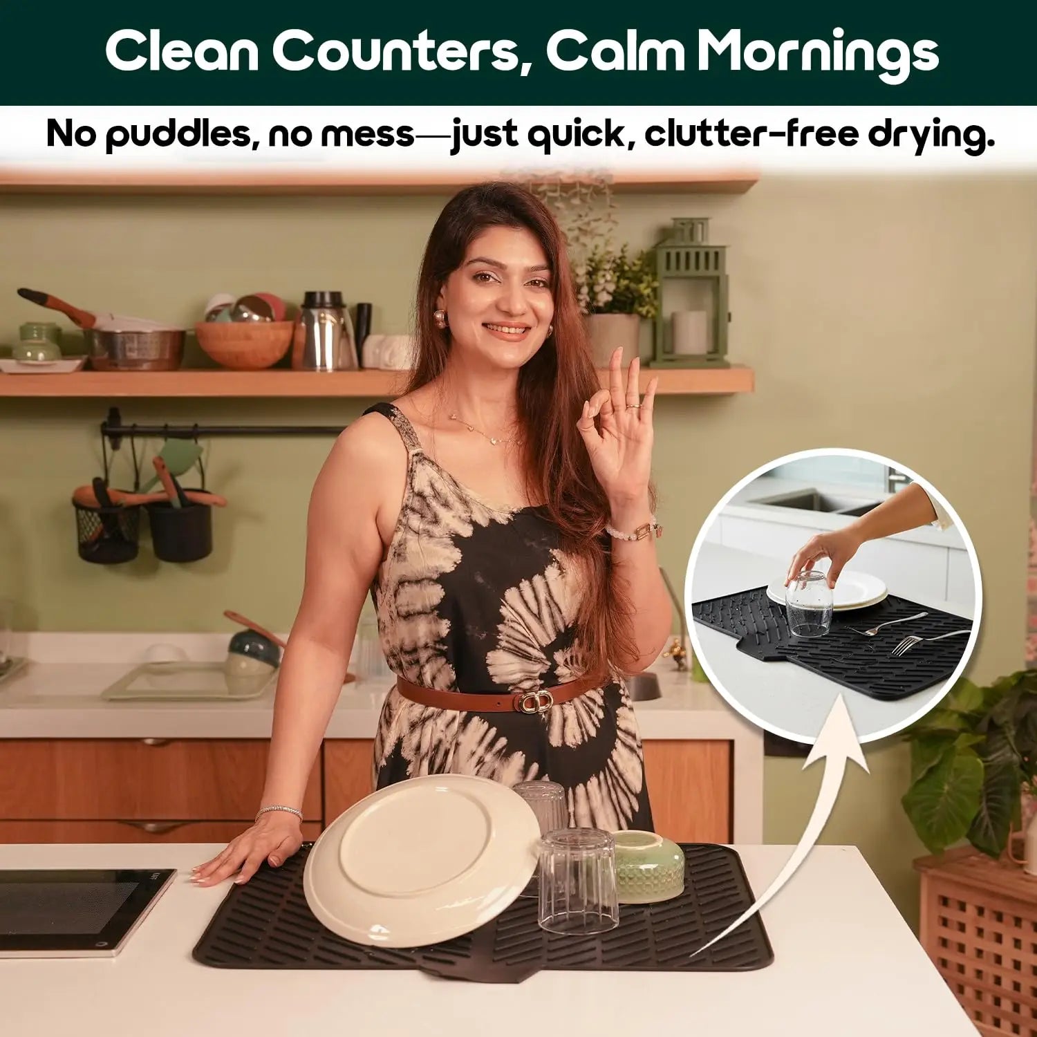 InstaCuppa silicone dish drying mat shown in a modern kitchen delivering clean counters and clutter‑free mornings, quick‑drying non‑slip BPA‑free mat with drain spout holding plates and glasses