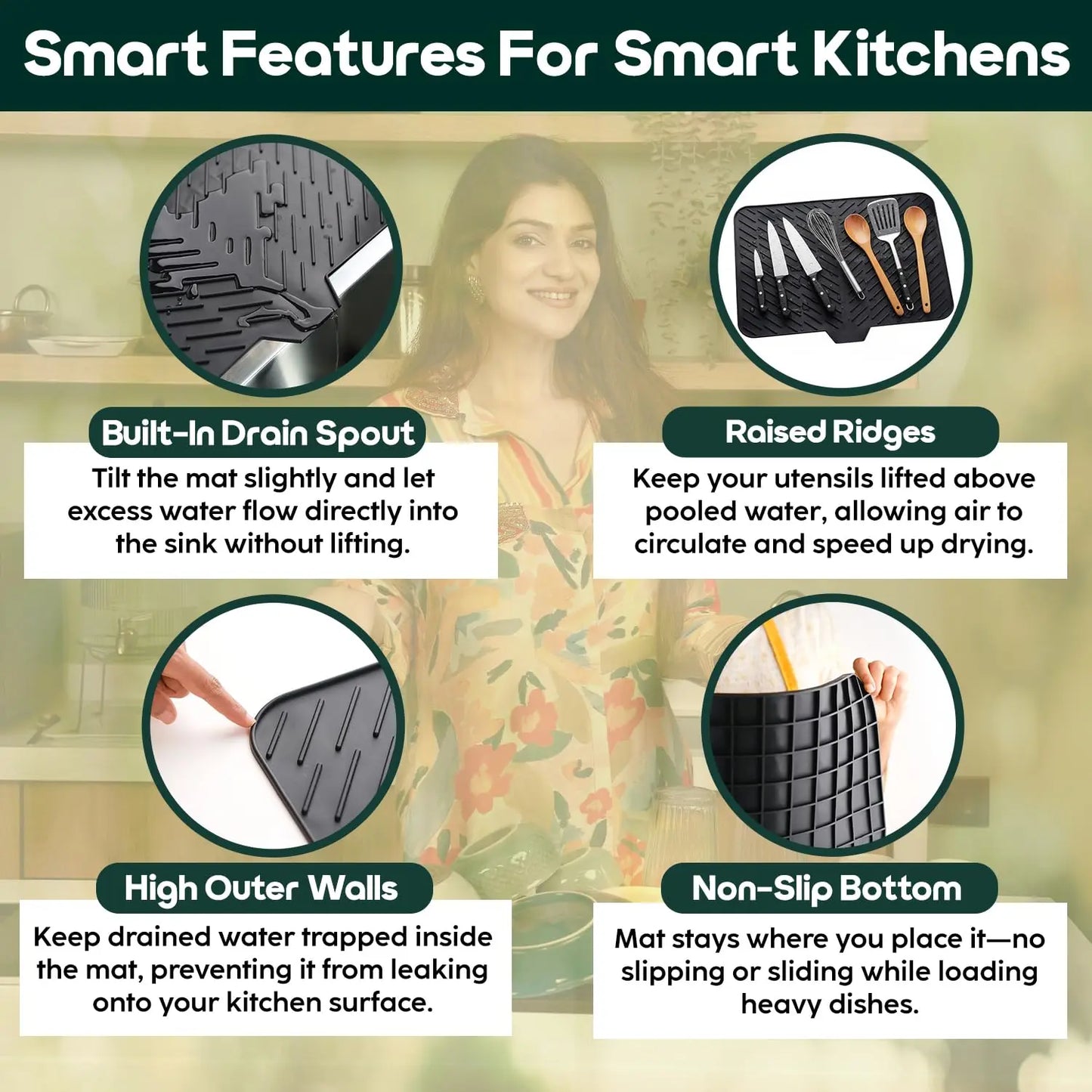 InstaCuppa silicone dish drying mat smart features: built-in drain spout for easy water drainage, raised ridges for quick drying, high outer walls to prevent spills, and non-slip bottom for stable placement on kitchen counters