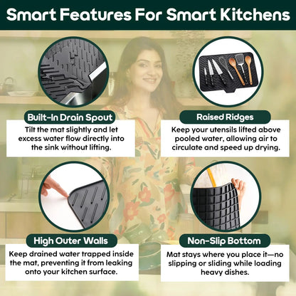 InstaCuppa silicone dish drying mat smart features: built-in drain spout for easy water drainage, raised ridges for quick drying, high outer walls to prevent spills, and non-slip bottom for stable placement on kitchen counters