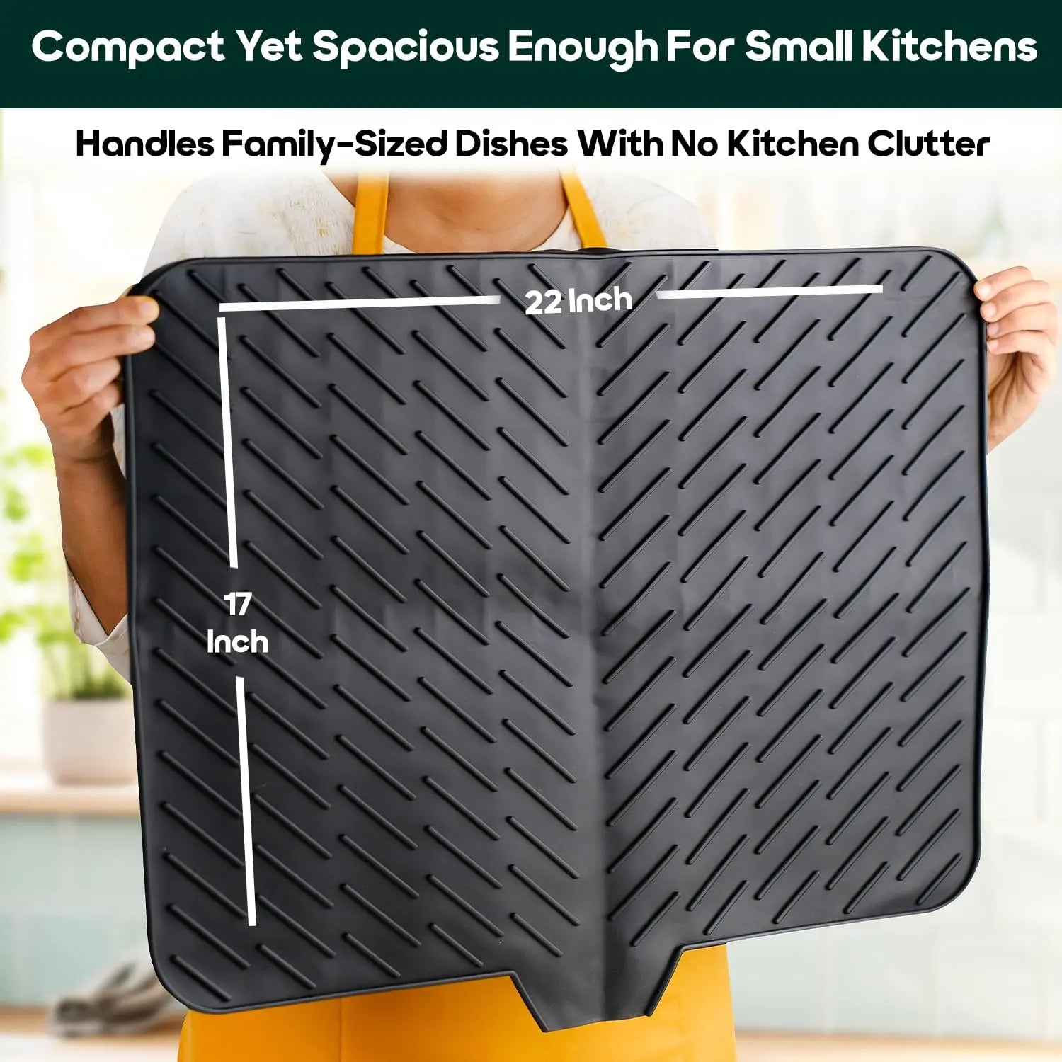 InstaCuppa large silicone dish drying mat 22 inches by 17 inches, compact foldable design with raised ridges for quick drying, perfect space-saving kitchen mat for small kitchens and family-sized dishes