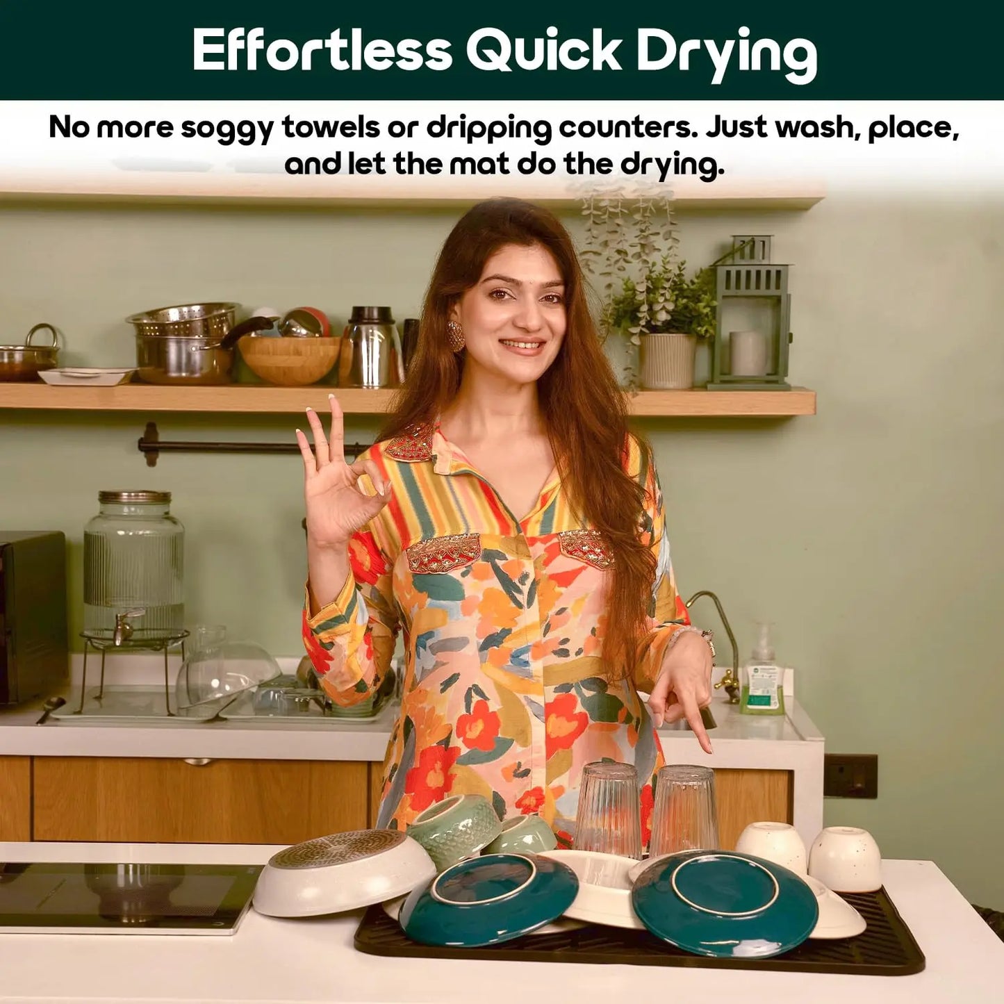 Woman demonstrating InstaCuppa silicone dish drying mat for effortless quick drying in modern kitchen, showing dishes and glasses drying on heat-resistant BPA-free non-slip mat