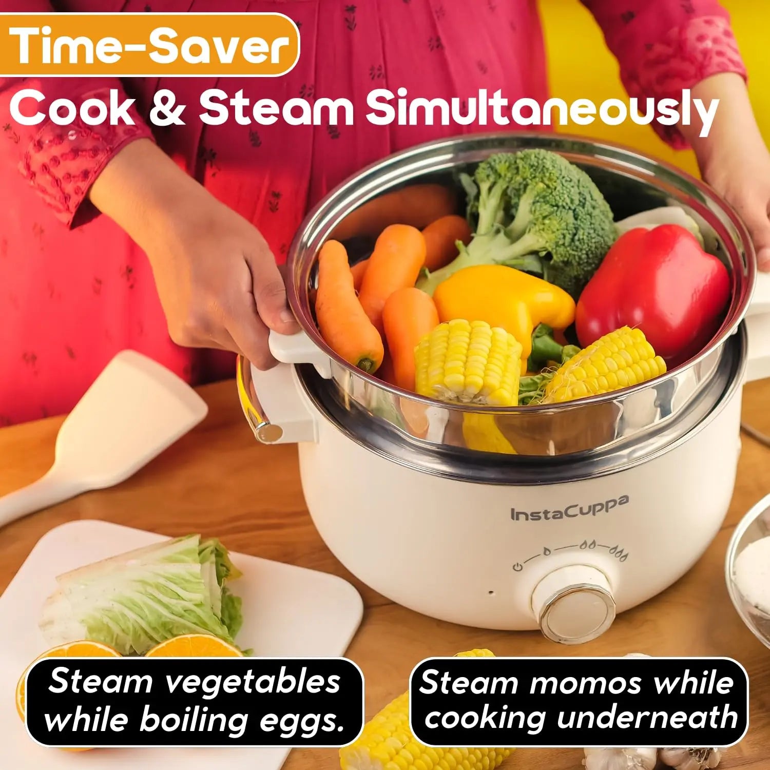 InstaCuppa Stainless Steel 3-in-1 Multi Cook Kettle with Steamer, 3 Liter Inner Pot, Adjustable Temperature Settings ,for Boiling Milk, Tea, Coffee, Eggs ,1000 Watts,Elegant White, Corded Electric 
