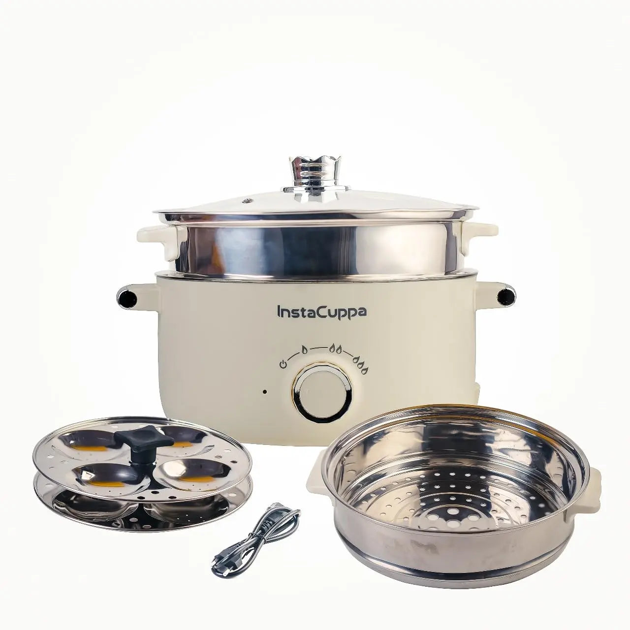 InstaCuppa Stainless Steel 3-in-1 Multi Cook Kettle with Steamer, 3 Liter Inner Pot, Adjustable Temperature Settings ,for Boiling Milk, Tea, Coffee, Eggs ,1000 Watts,Elegant White, Corded Electric  3 Liter - Nonstick Version