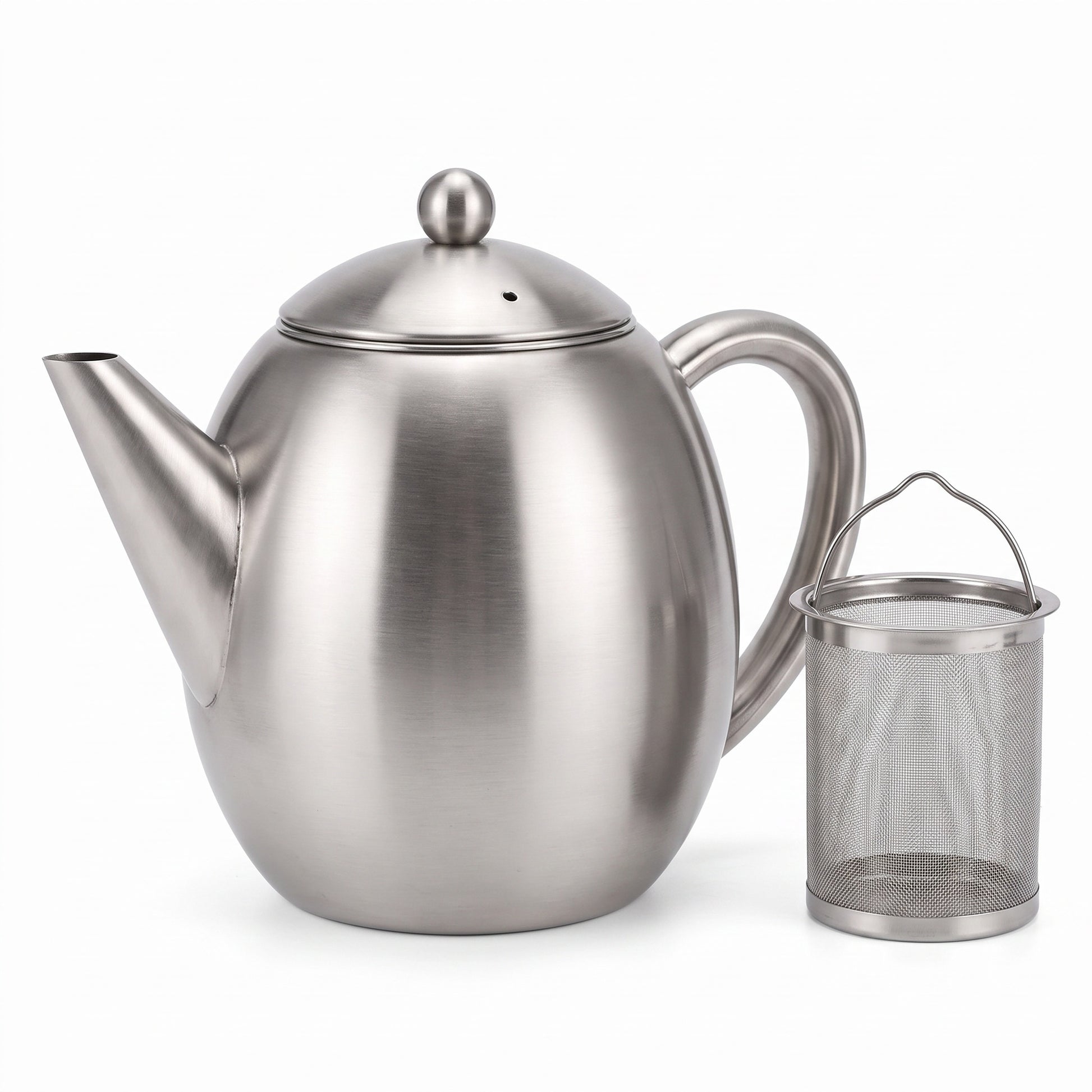 InstaCuppa Stainless Steel Teapot - on white background with the removable infuser · 1.2 L · 6 cups
