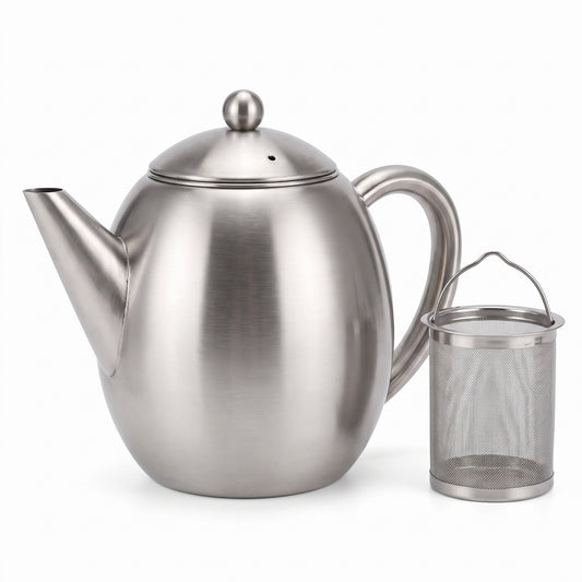 InstaCuppa Stainless Steel Teapot - on white background with the removable infuser · 1.2 L · 6 cups