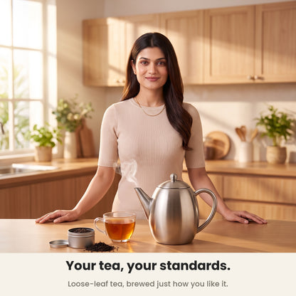 InstaCuppa Stainless Steel Teapot - loose-leaf tea at home in an Indian kitchen · 1.2 L · 6 cups