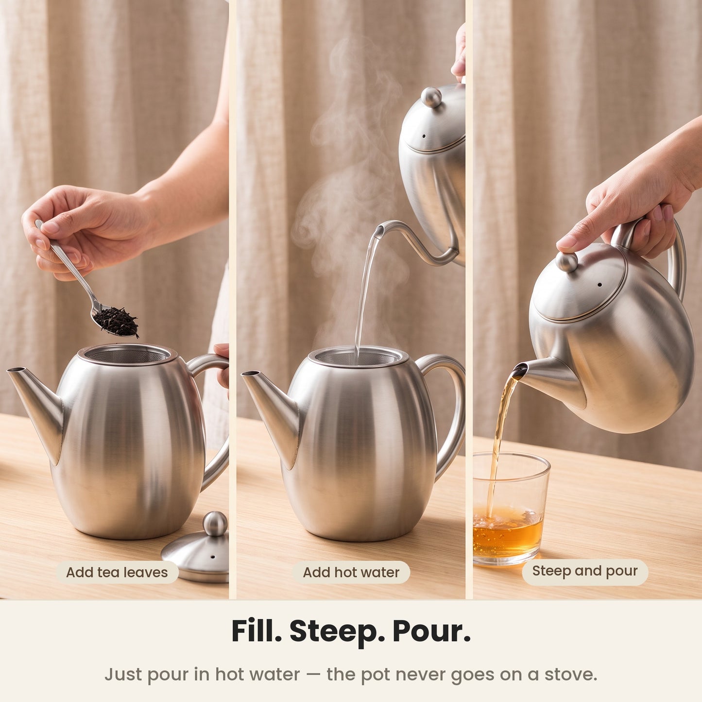 InstaCuppa Stainless Steel Teapot - add tea leaves, add hot water, steep and pour · 1.2 L · 6 cups
