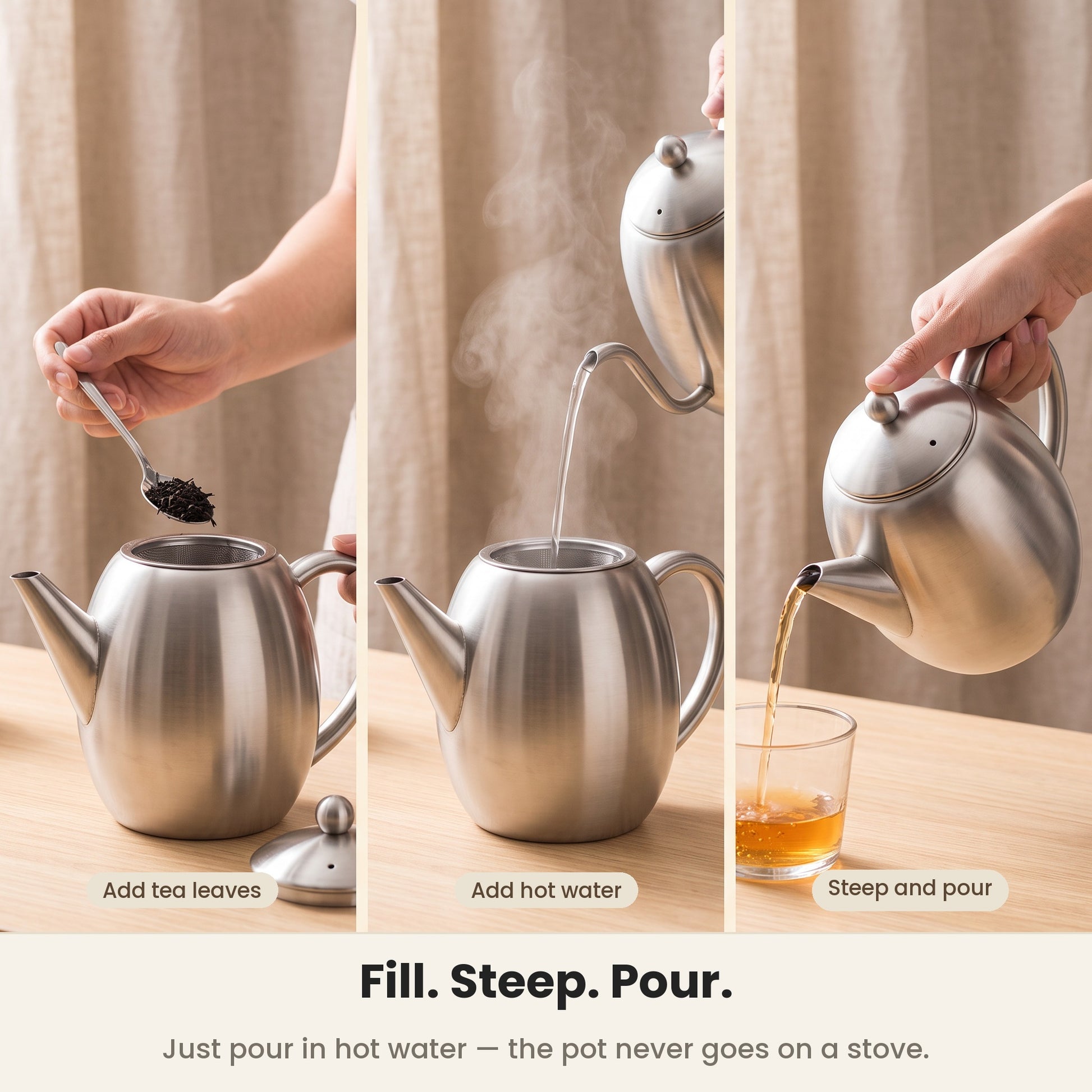 InstaCuppa Stainless Steel Teapot - add tea leaves, add hot water, steep and pour · 1.2 L · 6 cups