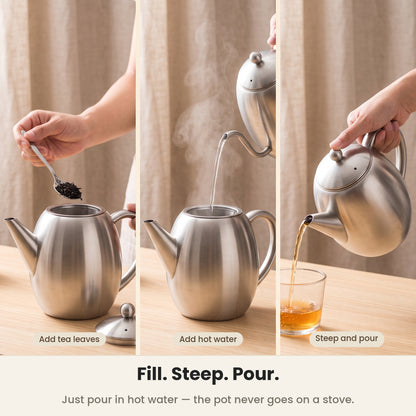 InstaCuppa Stainless Steel Teapot - add tea leaves, add hot water, steep and pour · 1.2 L · 6 cups