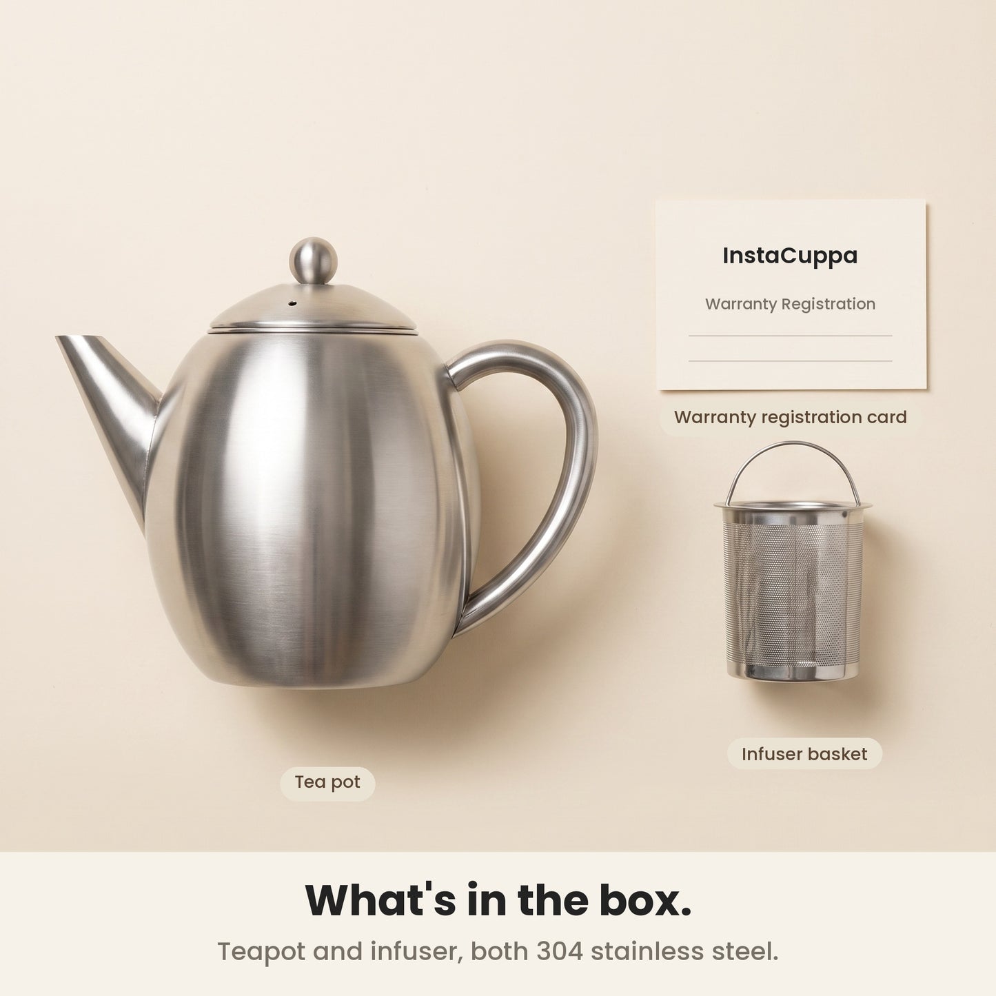InstaCuppa Stainless Steel Teapot - teapot, infuser basket and warranty card · 1.2 L · 6 cups