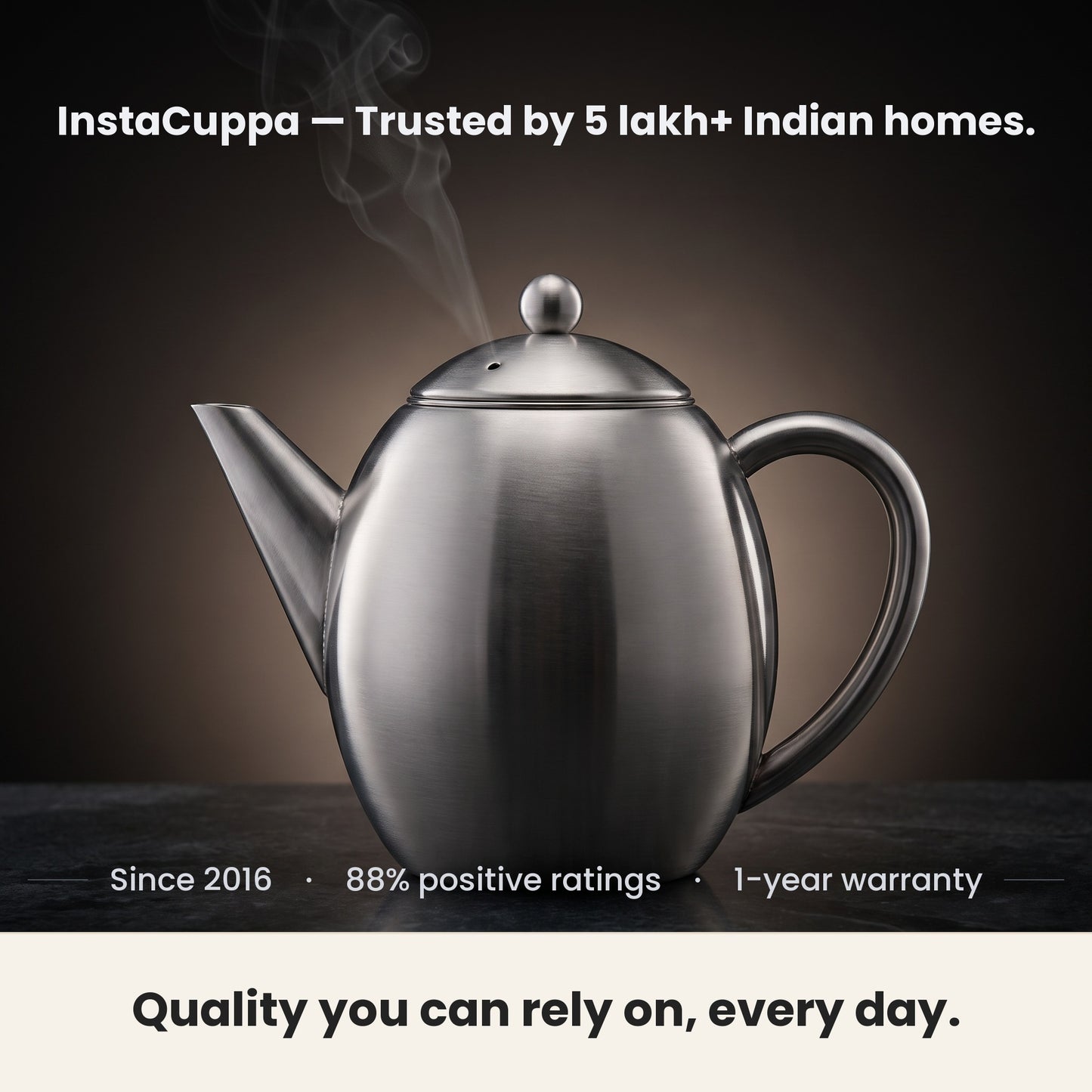 InstaCuppa Stainless Steel Teapot - trusted by Indian homes, 1-year warranty · 1.2 L · 6 cups