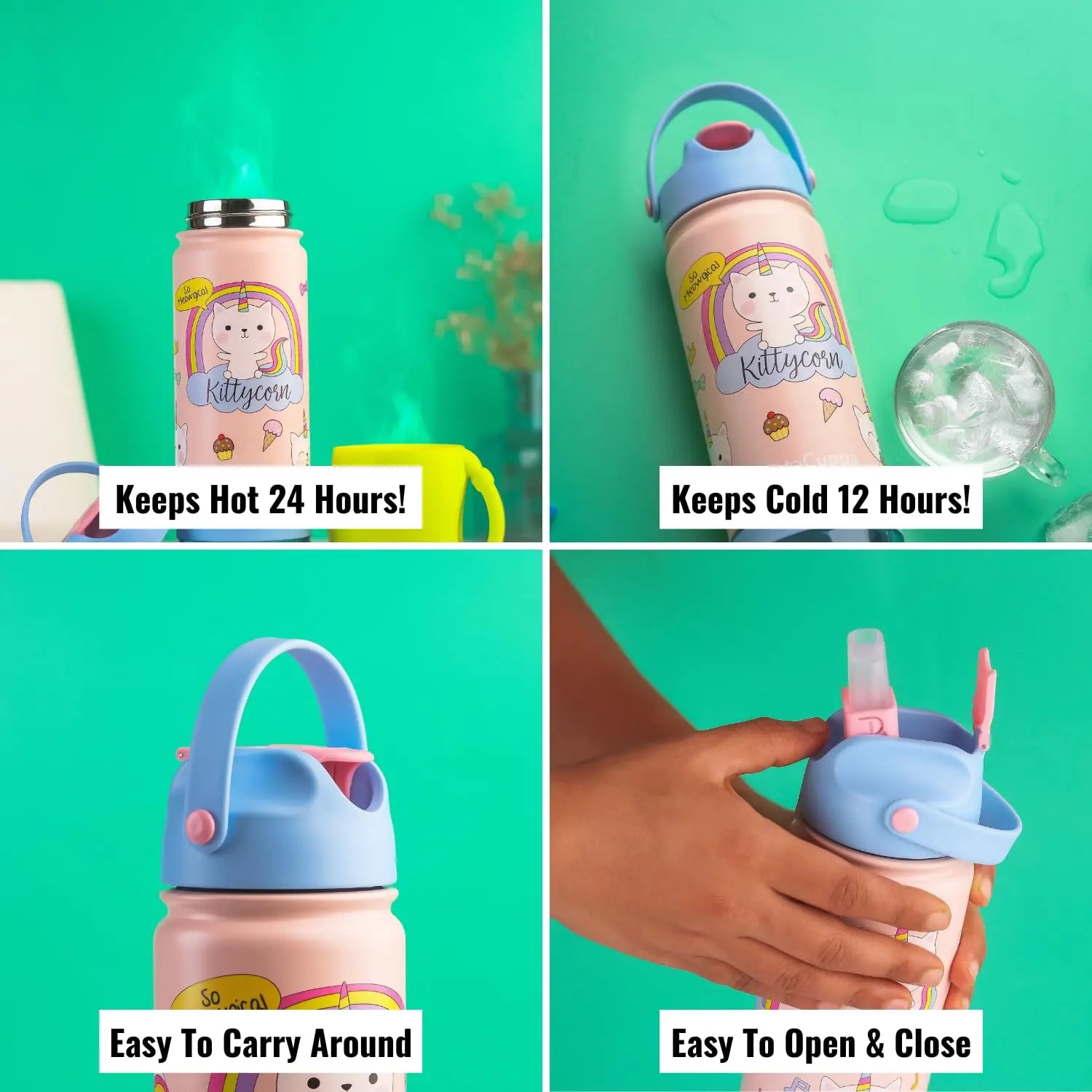 InstaCuppa Stainless Steel Thermos Flask Water Bottle with Sports Sipper Lid, Double Walled Vacuum Insulation 