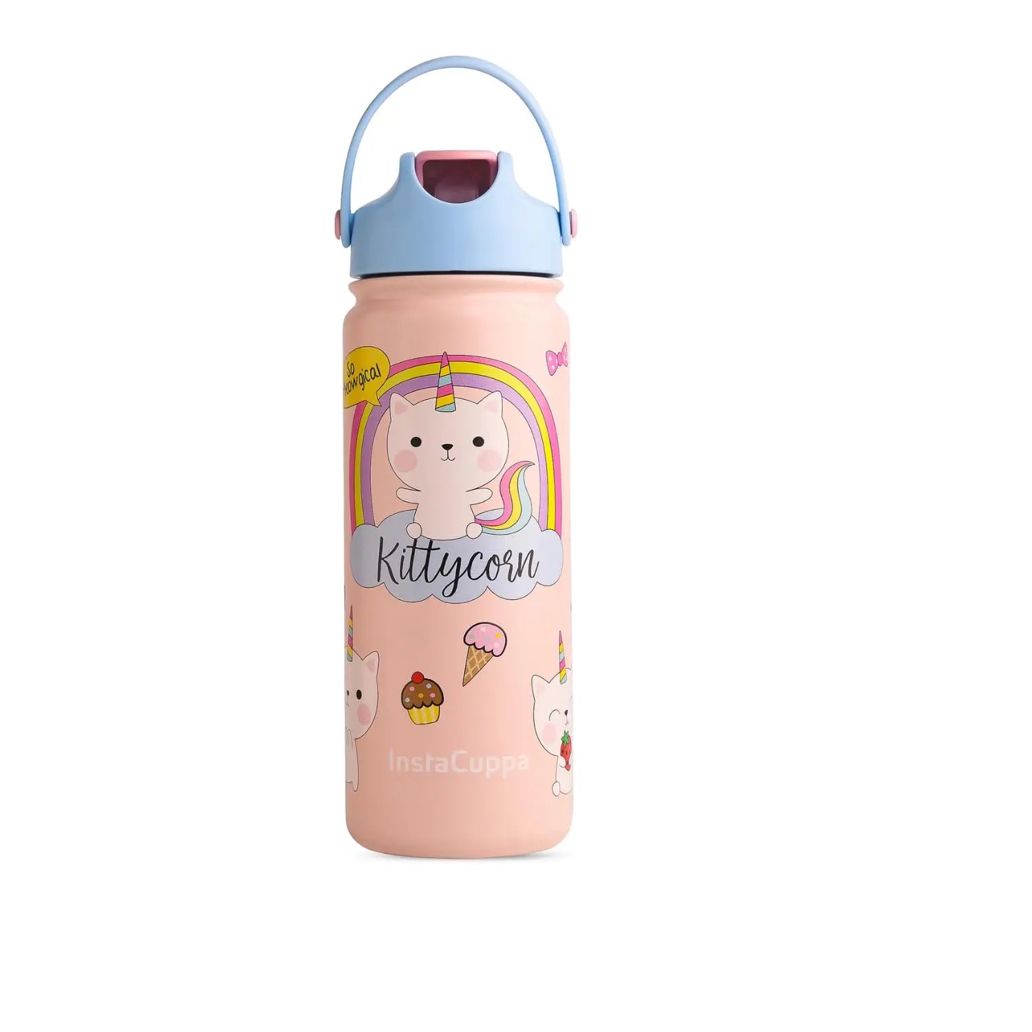 InstaCuppa Stainless Steel Thermos Flask Water Bottle with Sports Sipper Lid, Double Walled Vacuum Insulation  Kids Flask / Kitty Cat