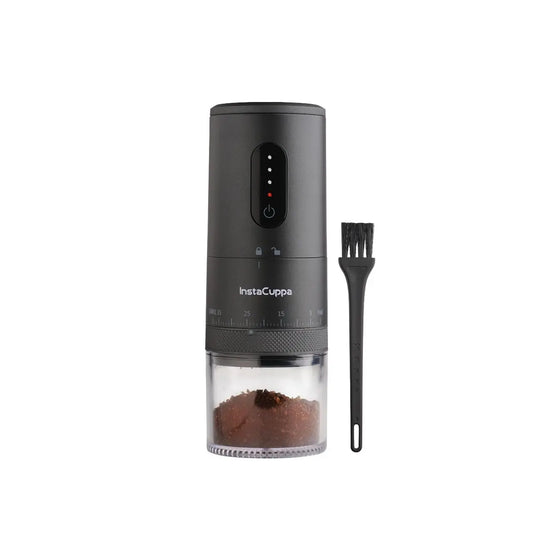 InstaCuppa rechargeable coffee grinder with ceramic burr, LED battery indicator, transparent canister, cleaning brush - Upgraded Edition