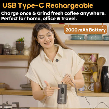 InstaCuppa rechargeable coffee grinder with USB Type-C charging, 2000mAh battery, portable design