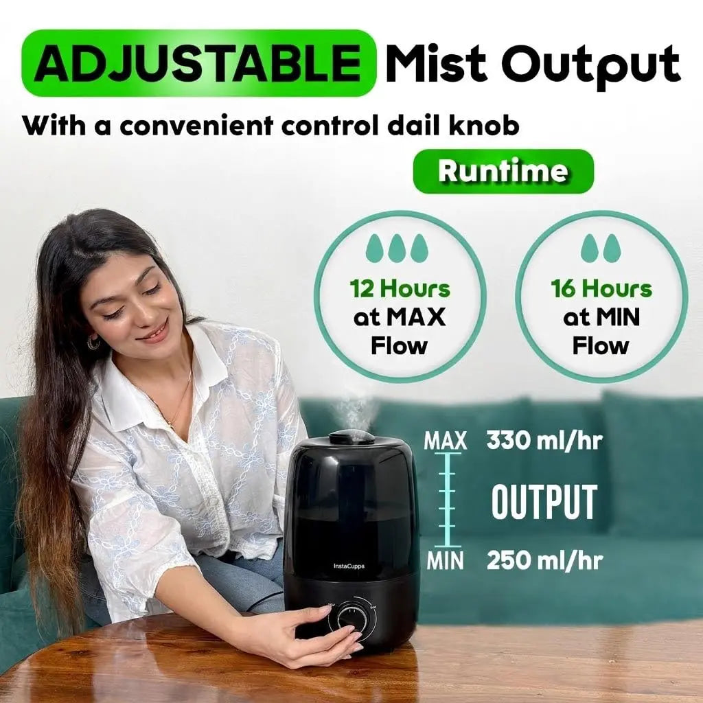 InstaCuppa Ultrasonic Cool Mist Humidifier for Room, Effective Cold & Cough Relief with Moisture Control, Separate Aroma Oil Diffuser Container, Ceramic Balls Water & Cotton Mesh Air Filters, 4 Liter
