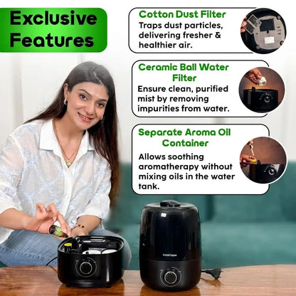 InstaCuppa Ultrasonic Cool Mist Humidifier for Room, Effective Cold & Cough Relief with Moisture Control, Separate Aroma Oil Diffuser Container, Ceramic Balls Water & Cotton Mesh Air Filters, 4 Liter