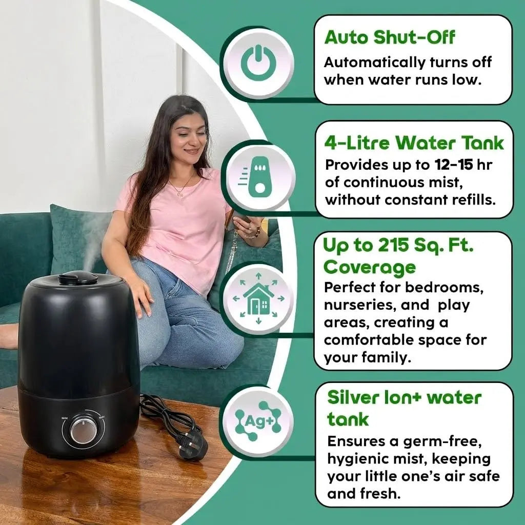 InstaCuppa Ultrasonic Cool Mist Humidifier for Room, Effective Cold & Cough Relief with Moisture Control, Separate Aroma Oil Diffuser Container, Ceramic Balls Water & Cotton Mesh Air Filters, 4 Liter