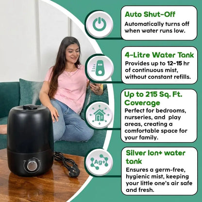 InstaCuppa Ultrasonic Cool Mist Humidifier for Room, Effective Cold & Cough Relief with Moisture Control, Separate Aroma Oil Diffuser Container, Ceramic Balls Water & Cotton Mesh Air Filters, 4 Liter