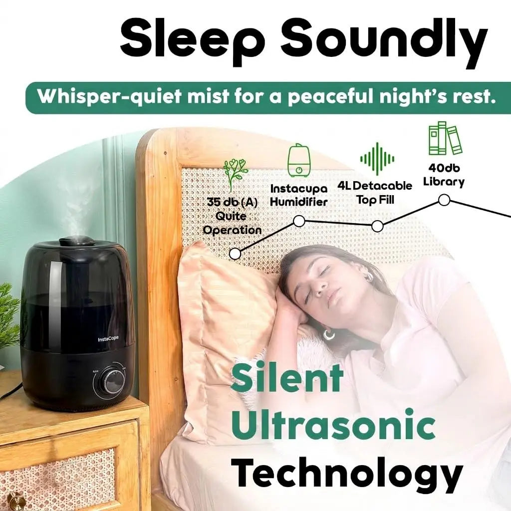 InstaCuppa Ultrasonic Cool Mist Humidifier for Room, Effective Cold & Cough Relief with Moisture Control, Separate Aroma Oil Diffuser Container, Ceramic Balls Water & Cotton Mesh Air Filters, 4 Liter