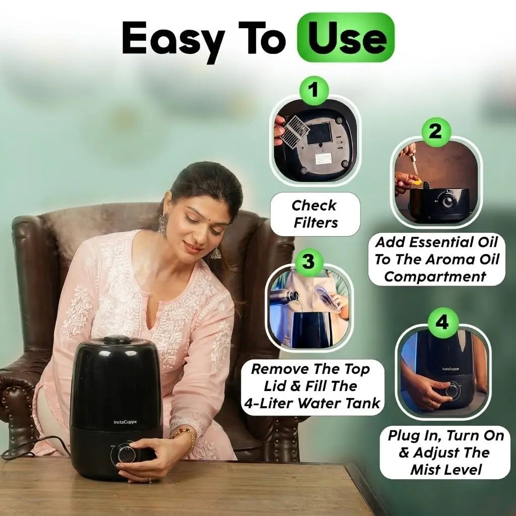 InstaCuppa Ultrasonic Cool Mist Humidifier for Room, Effective Cold & Cough Relief with Moisture Control, Separate Aroma Oil Diffuser Container, Ceramic Balls Water & Cotton Mesh Air Filters, 4 Liter