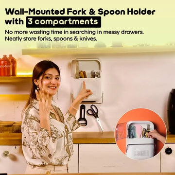InstaCuppa Wall-Mounted Spoon and Fork Holder | 3-Compartment Adjustable Cutlery Organizer with Dust-Proof Lid, Drain Tray, Hooks & Towel Rod | BPA-Free | Smart Kitchen Organizer for Moms 