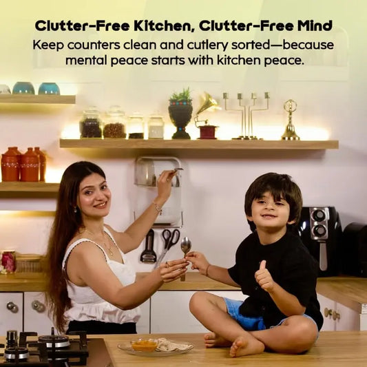 InstaCuppa Wall-Mounted Spoon and Fork Holder | 3-Compartment Adjustable Cutlery Organizer with Dust-Proof Lid, Drain Tray, Hooks & Towel Rod | BPA-Free | Smart Kitchen Organizer for Moms 