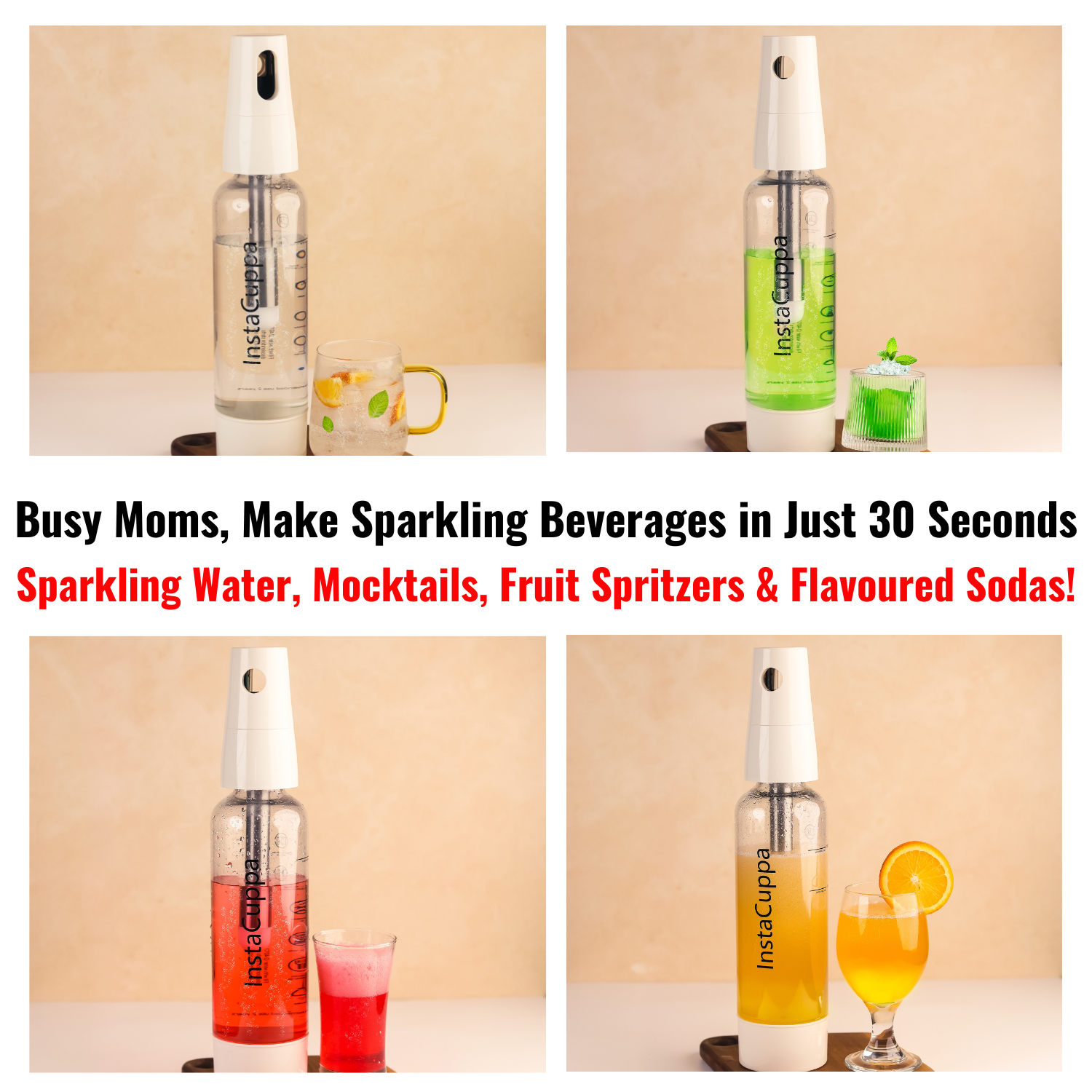 InstaCuppa Portable Soda Maker, Perfect for Busy Moms To Make Lemon Flavored Soda, Jaljeera, Sparkling Water, Mocktails, Fruit Spritzers In Just 30 Seconds Anywhere, Includes 10 Soda Capsules & 2 Lids