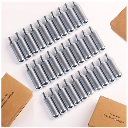 InstaCuppa Portable Soda Maker Capsules 30 pack bulk refill set displayed with storage box ensuring you have enough 8g CO2 chargers for 30 liters of soda