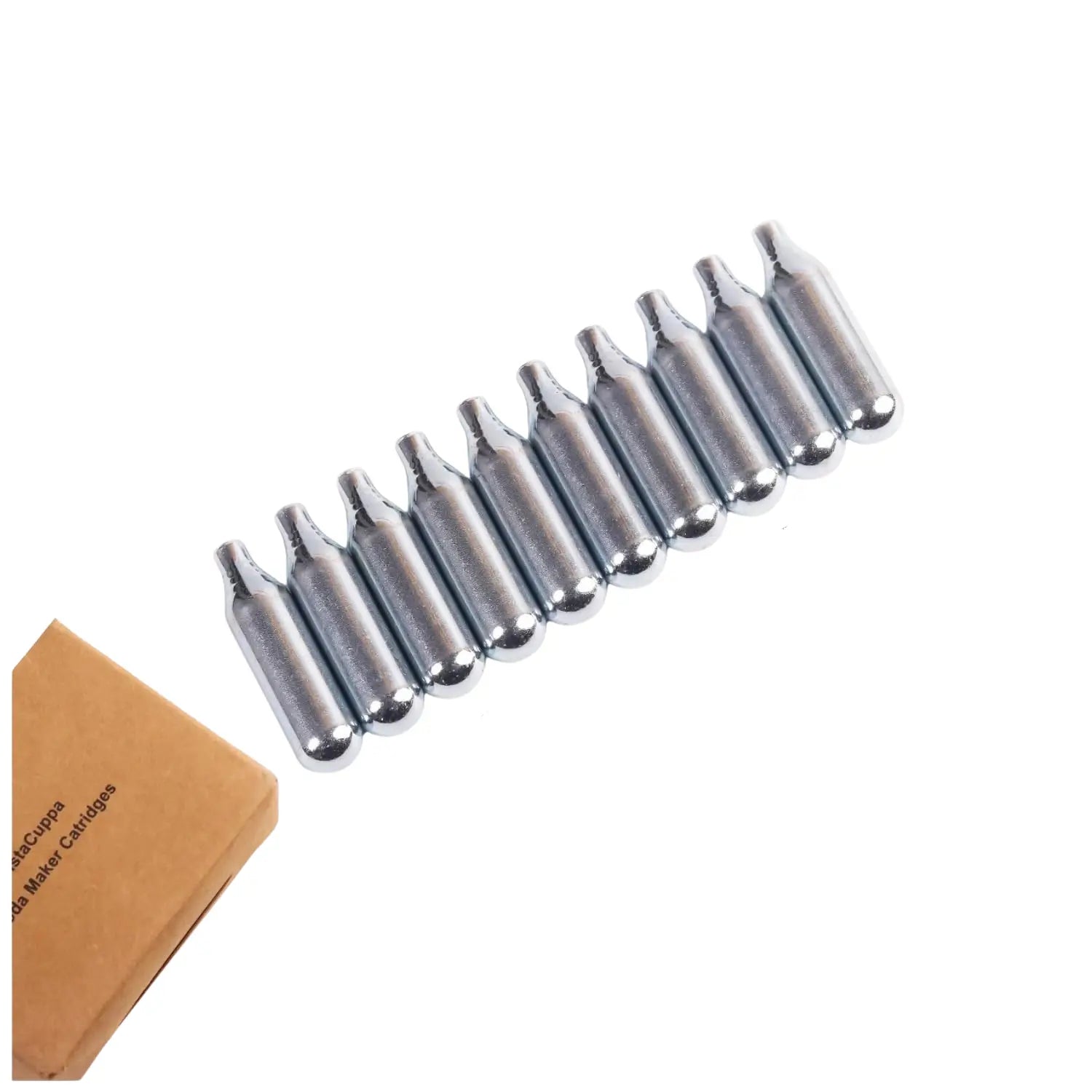 InstaCuppa Portable Soda Maker Capsules 10 pack bulk refill set displayed with storage box ensuring you have enough 8g CO2 chargers for 10 liters of soda