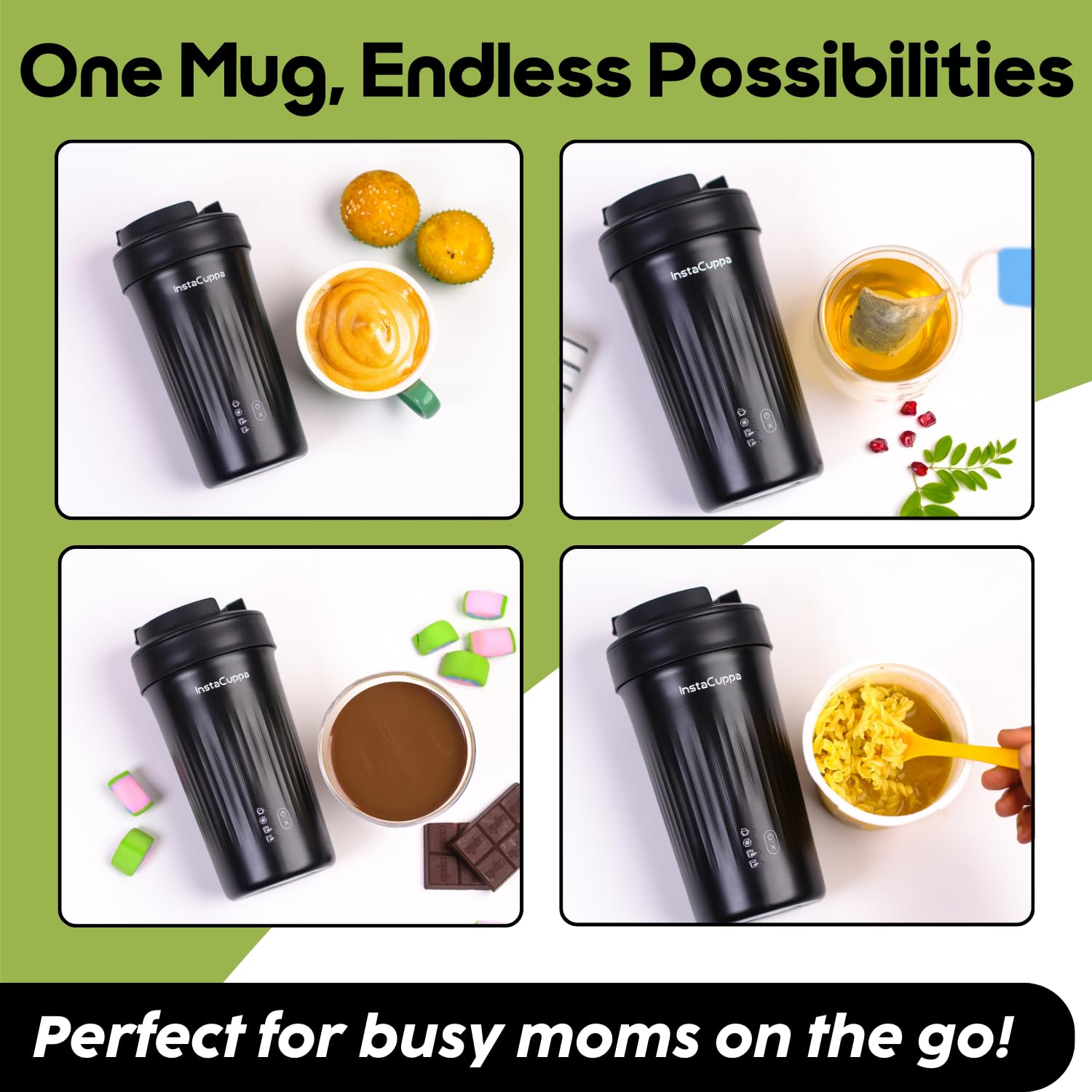 InstaCuppa Portable Milk Frother Mug – 4 Settings | Froths Milk, Stirs Cold Drinks, Boils Water, Keeps Warm | 300ml Capacity, Stainless Steel Interior with Nonstick Coating, Lid with Spout