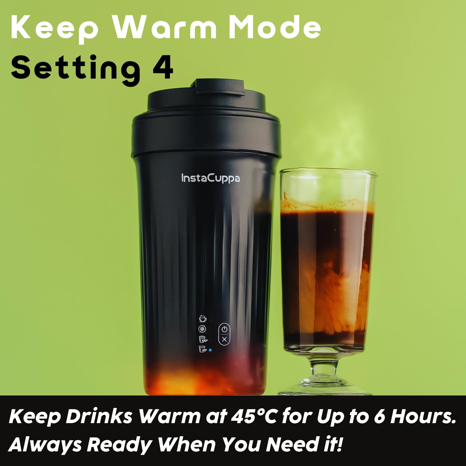 InstaCuppa Portable Milk Frother Mug – 4 Settings | Froths Milk, Stirs Cold Drinks, Boils Water, Keeps Warm | 300ml Capacity, Stainless Steel Interior with Nonstick Coating, Lid with Spout