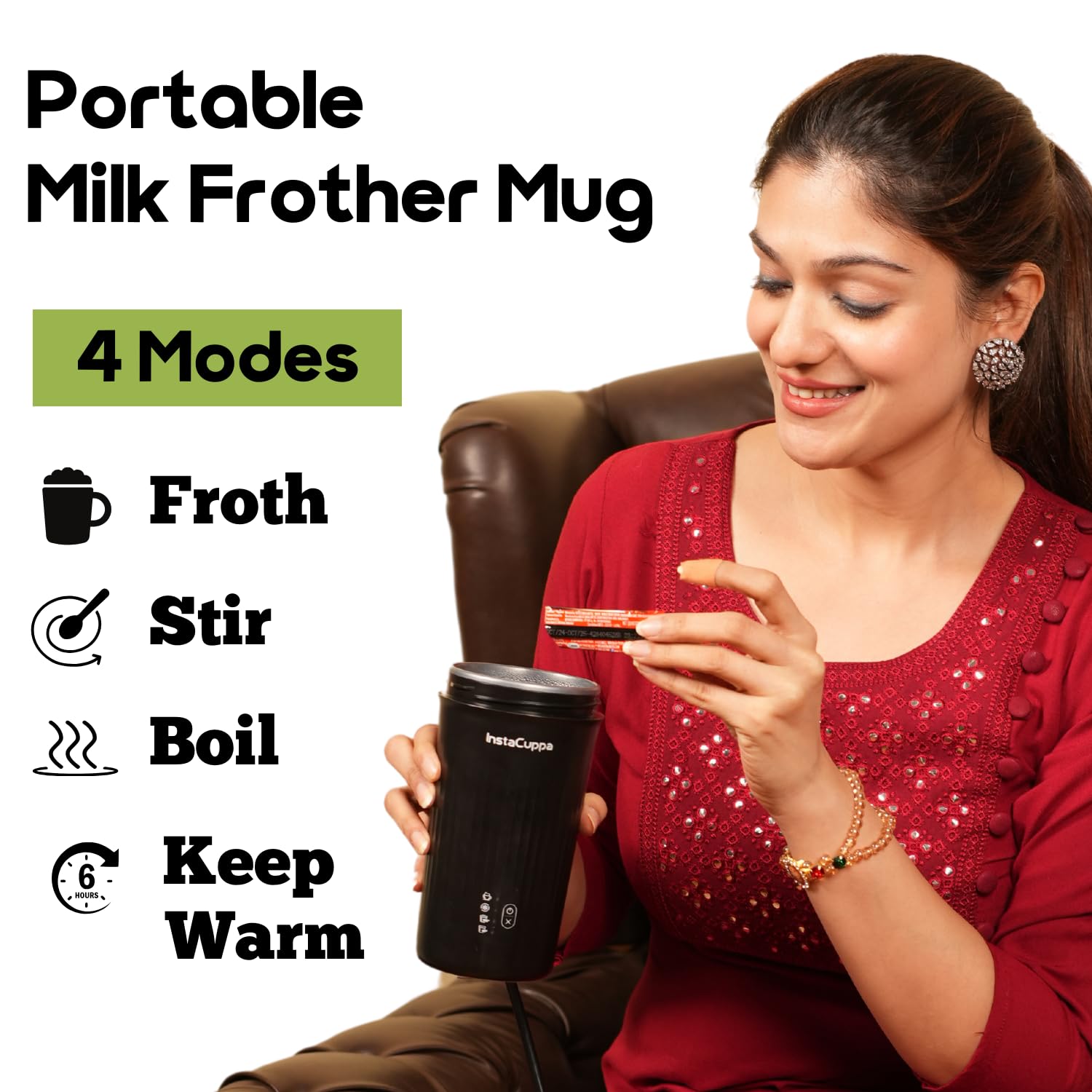 InstaCuppa Portable Milk Frother Mug – 4 Settings | Froths Milk, Stirs Cold Drinks, Boils Water, Keeps Warm | 300ml Capacity, Stainless Steel Interior with Nonstick Coating, Lid with Spout