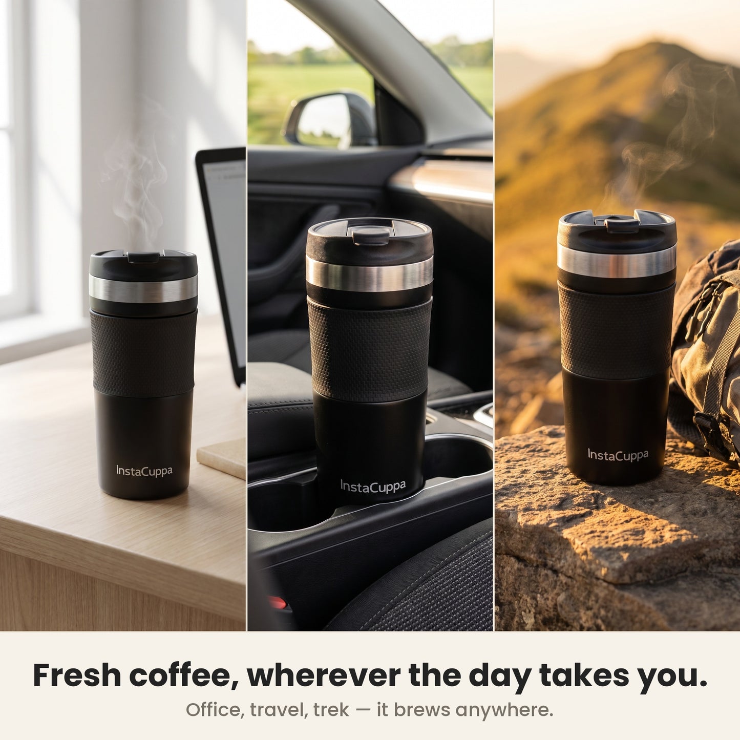 InstaCuppa French Press Travel Mug for fresh coffee at the office, on travel and on a mountain trek