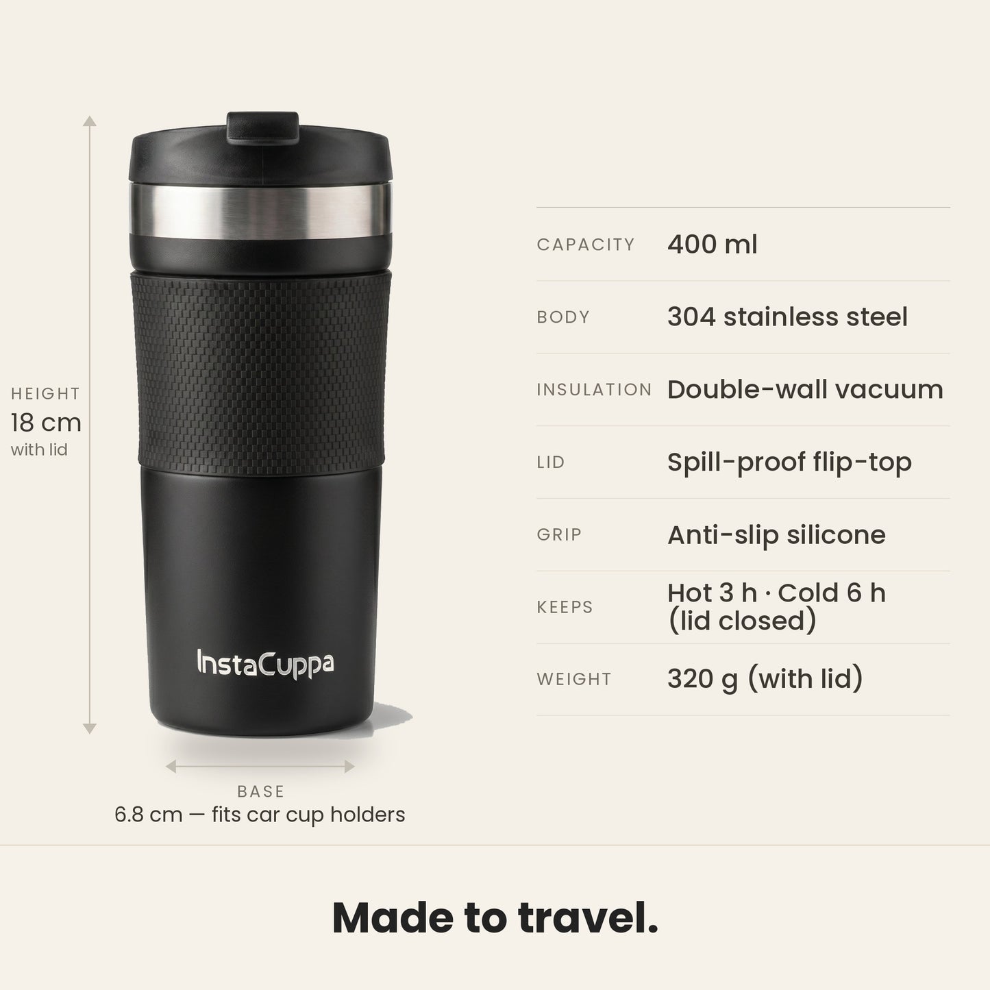 InstaCuppa French Press Travel Mug specs, 400 ml, 304 stainless steel, double-wall vacuum, spill-proof lid