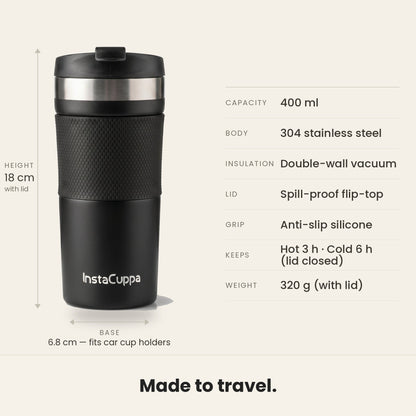 InstaCuppa French Press Travel Mug specs, 400 ml, 304 stainless steel, double-wall vacuum, spill-proof lid