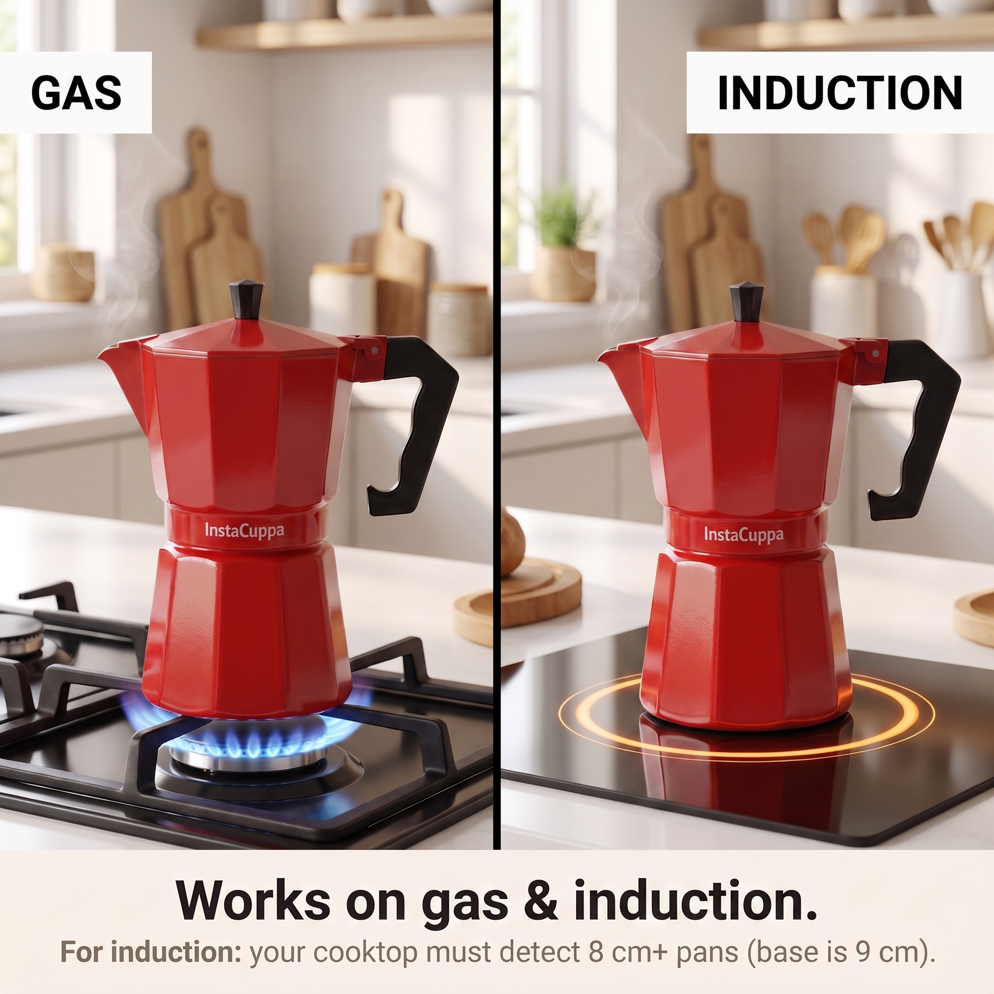 InstaCuppa Aluminium Moka Pot - Red - brews on the gas stovetop · 300 ml · 6 cup